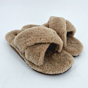 OluKai Hila Heu Tan Shearling Cozy Plush Slides Slippers Women's Size 7